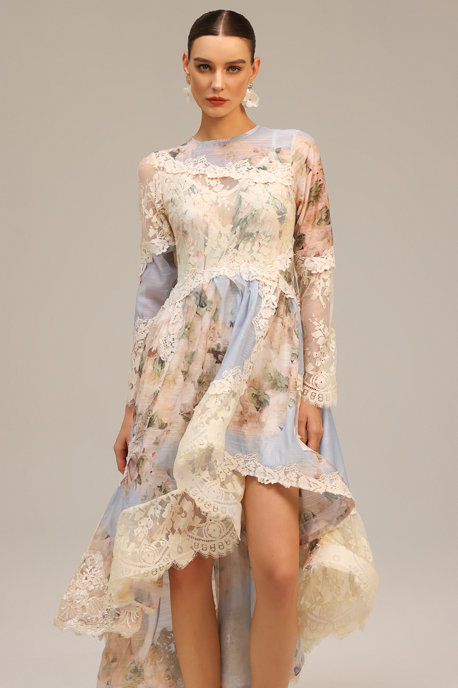Jaleesa Long Sleeves Floral Printed Asymmetric Lace Maxi Dress