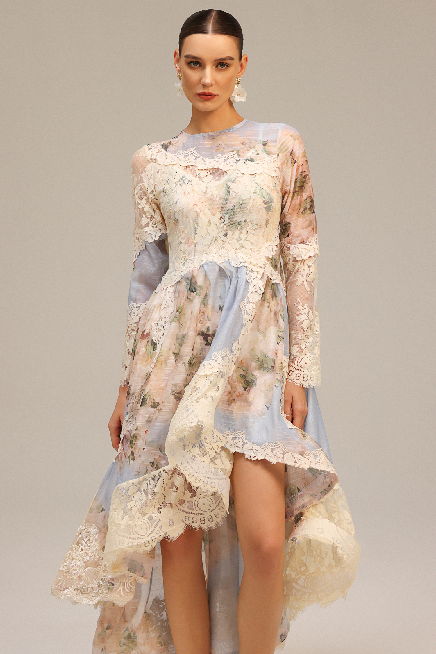 Jaleesa Long Sleeves Floral Printed Asymmetric Lace Maxi Dress