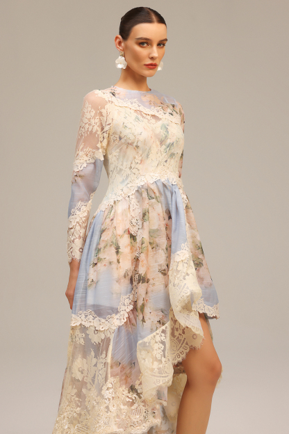 Jaleesa Long Sleeves Floral Printed Asymmetric Lace Maxi Dress