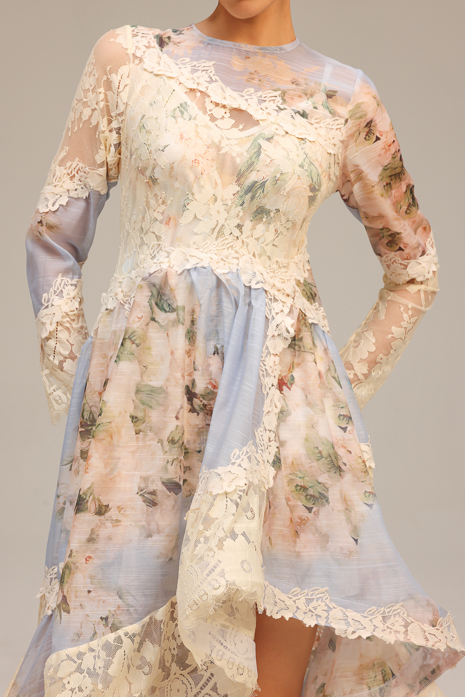 Jaleesa Long Sleeves Floral Printed Asymmetric Lace Maxi Dress