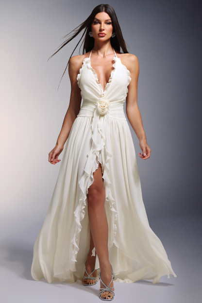 Earla High Slit Deep-V Halter Flowers Maxi Dress