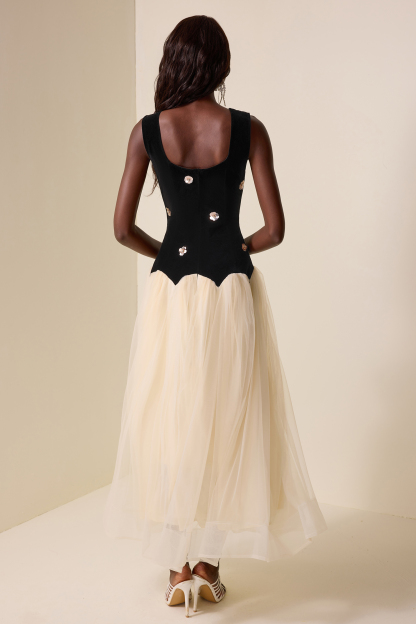 Cheryl Metal Flower Boat Neck Sleeveless Midi Dress