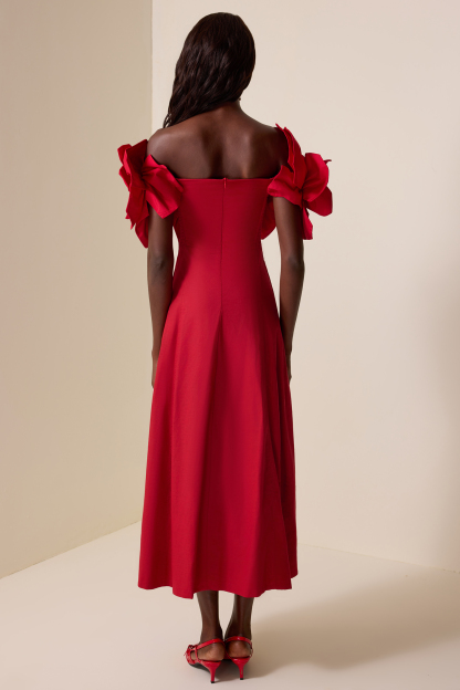 Izora Red 3D Flower Solid Off-Shoulder Midi Dress