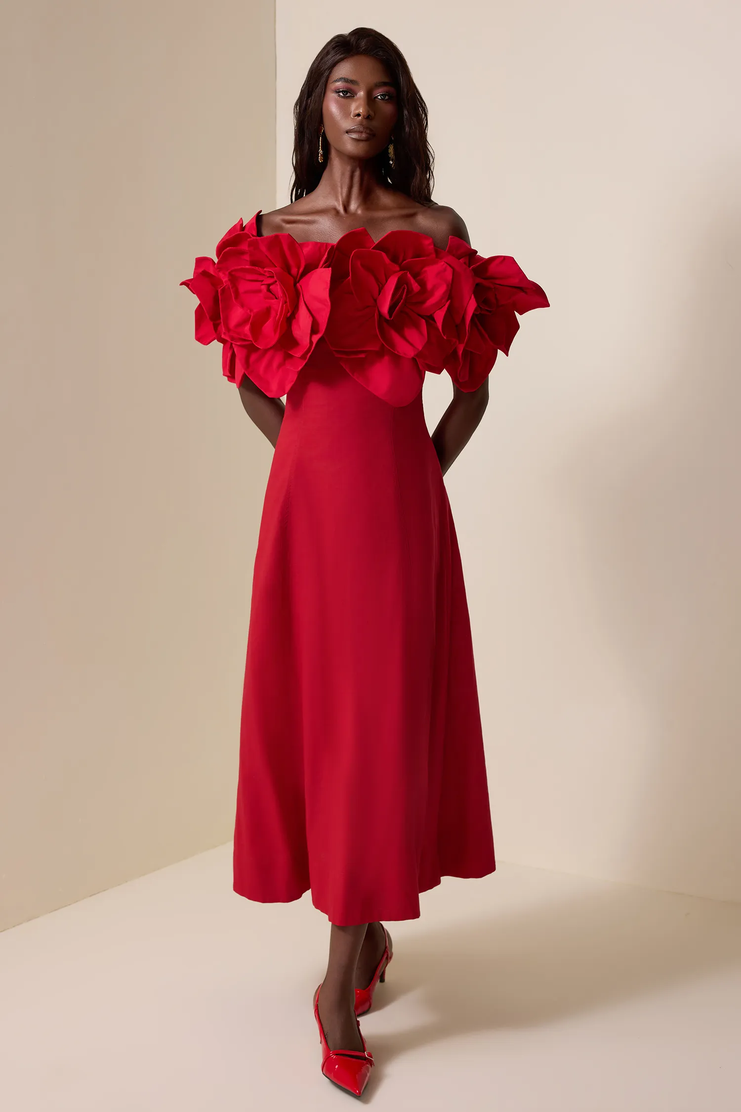 Izora Red 3D Flower Solid Off-Shoulder Midi Dress