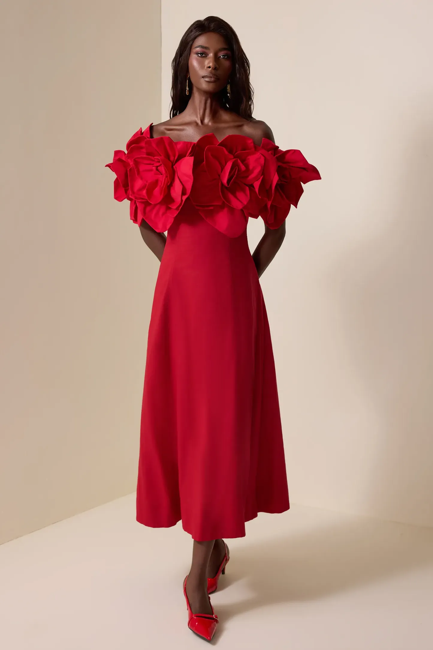 Izora Red 3D Flower Solid Off-Shoulder Midi Dress