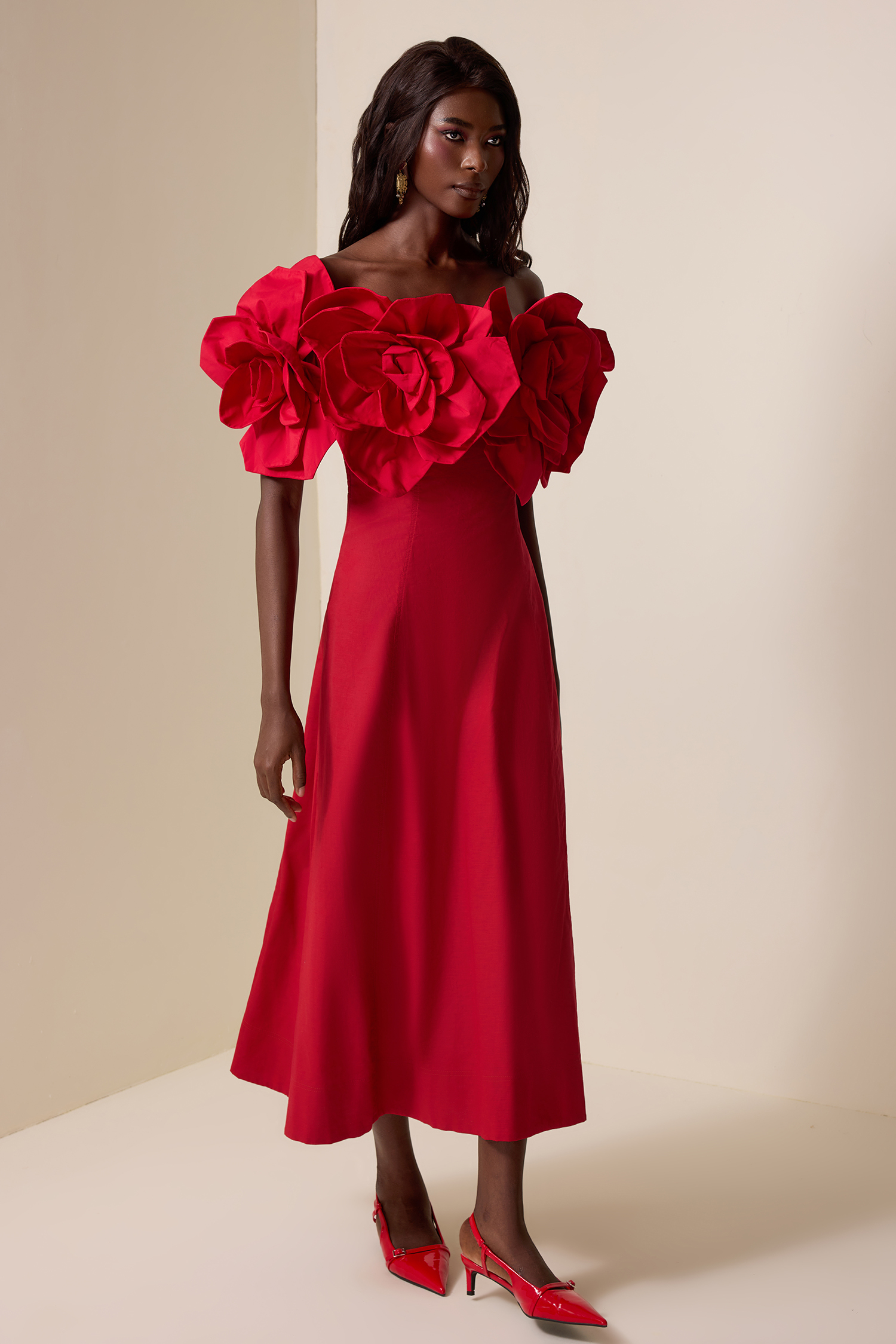 Izora Red 3D Flower Solid Off-Shoulder Midi Dress