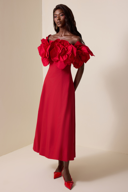 Izora Red 3D Flower Solid Off-Shoulder Midi Dress