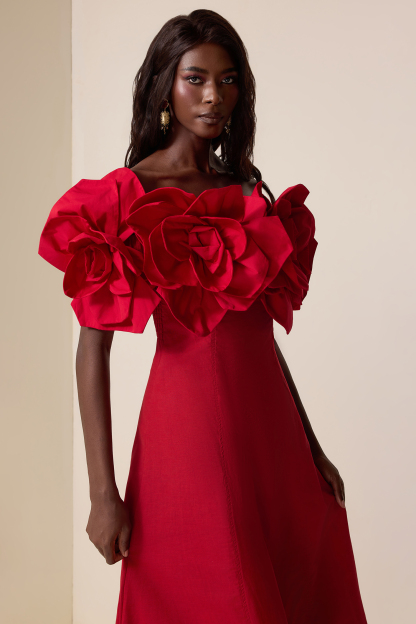 Izora Red 3D Flower Solid Off-Shoulder Midi Dress