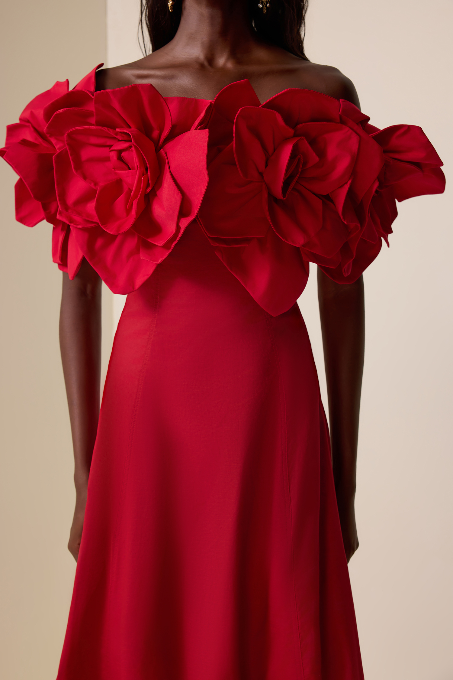 Izora Red 3D Flower Solid Off-Shoulder Midi Dress