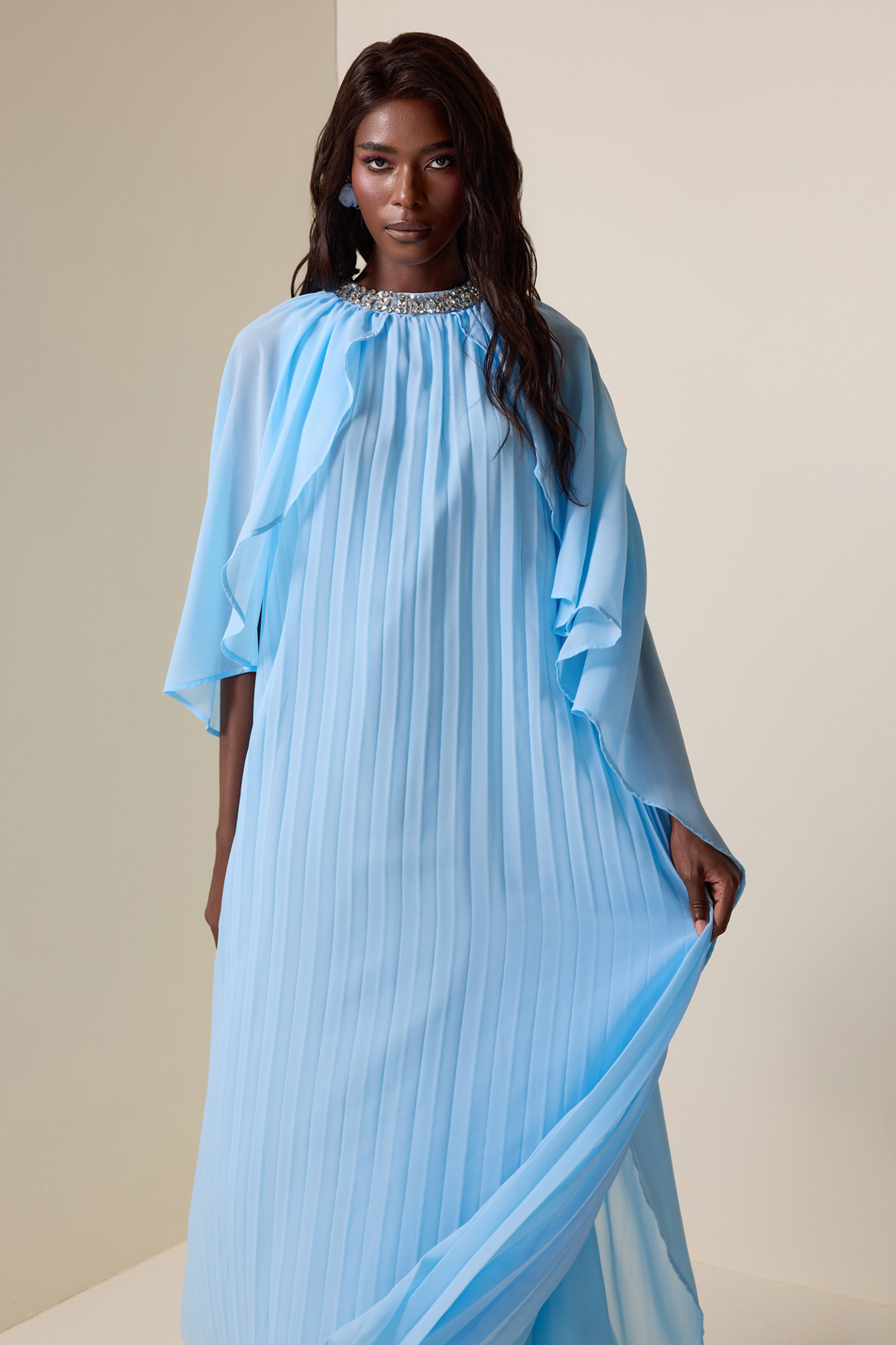 Sybil Rhinestone Pleated Cape Sleeve Midi Dress