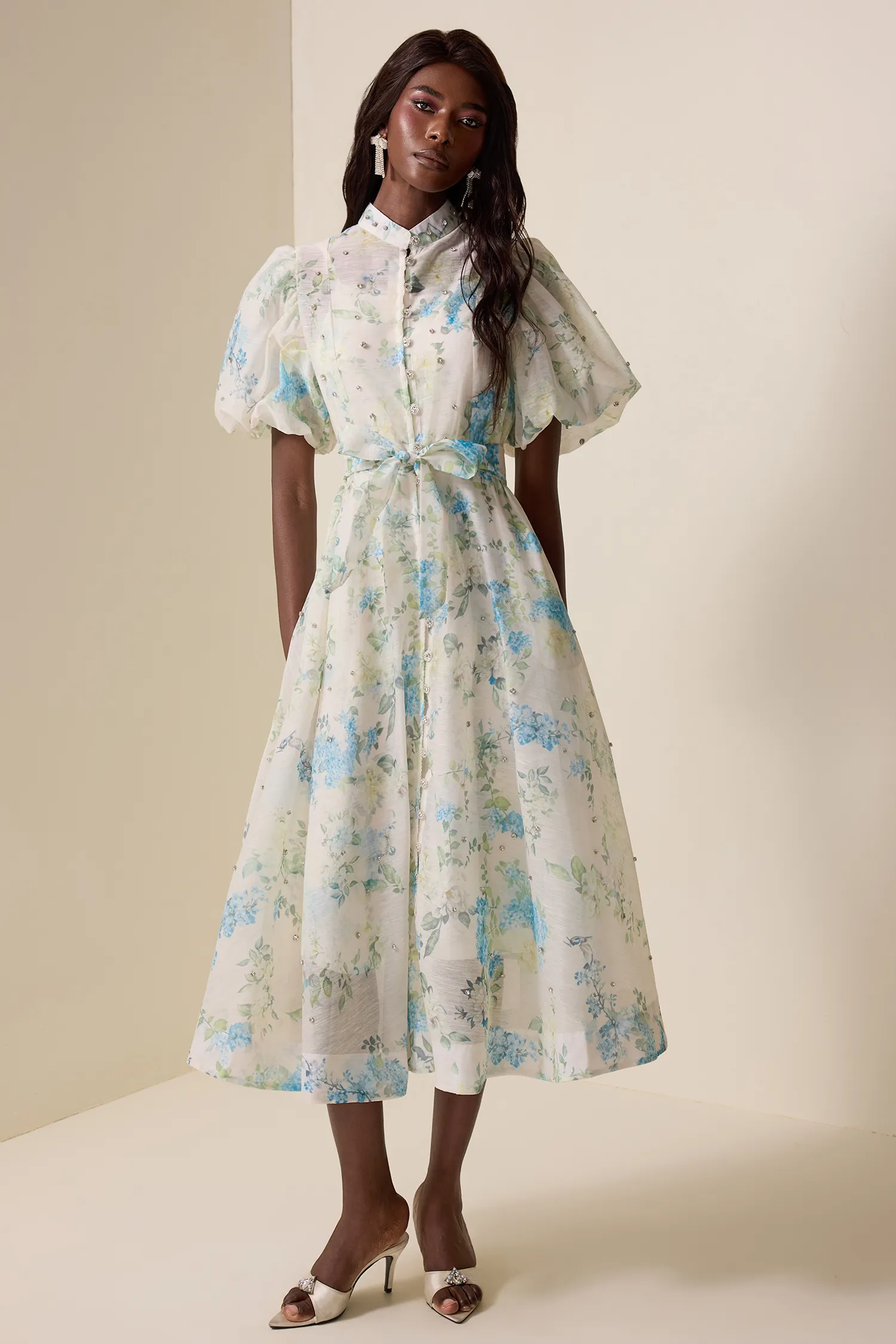 Jocelyn Floral Puff Sleeve Lace-Up Midi Dress