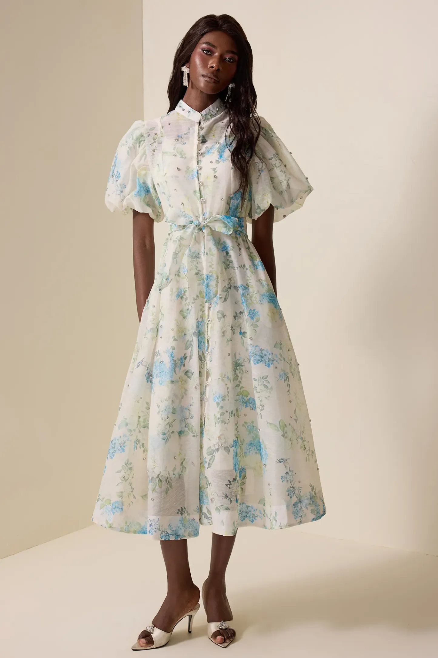 Jocelyn Floral Puff Sleeve Lace-Up Midi Dress