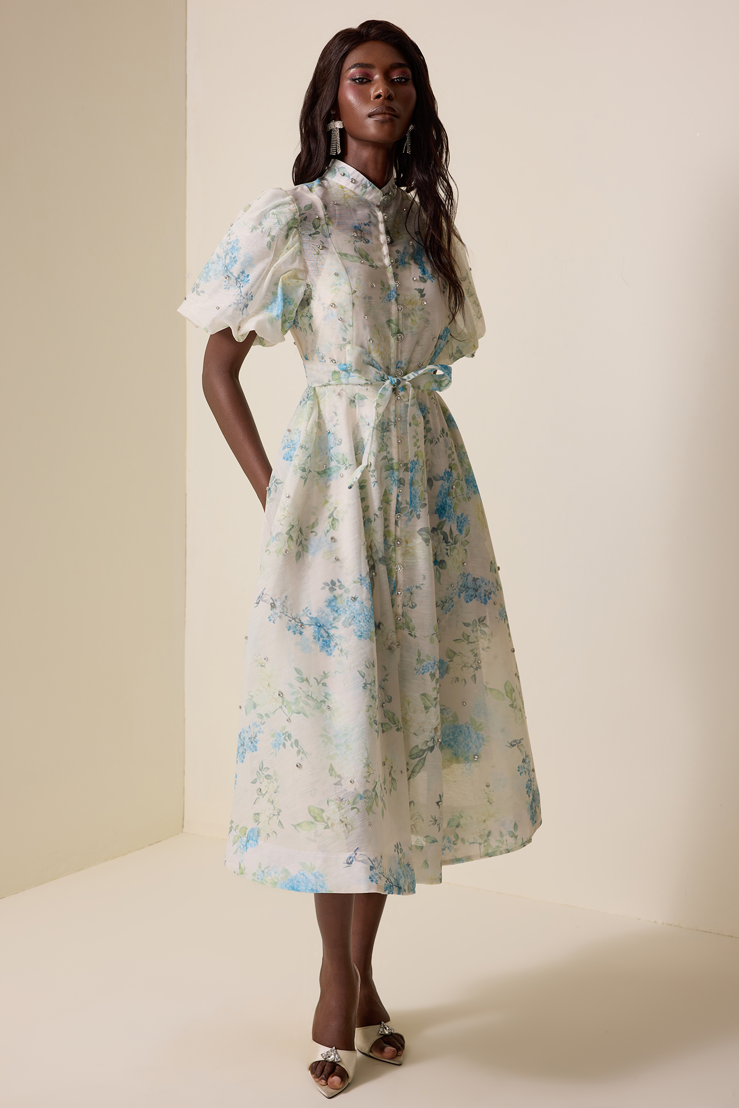 Jocelyn Floral Puff Sleeve Lace-Up Midi Dress