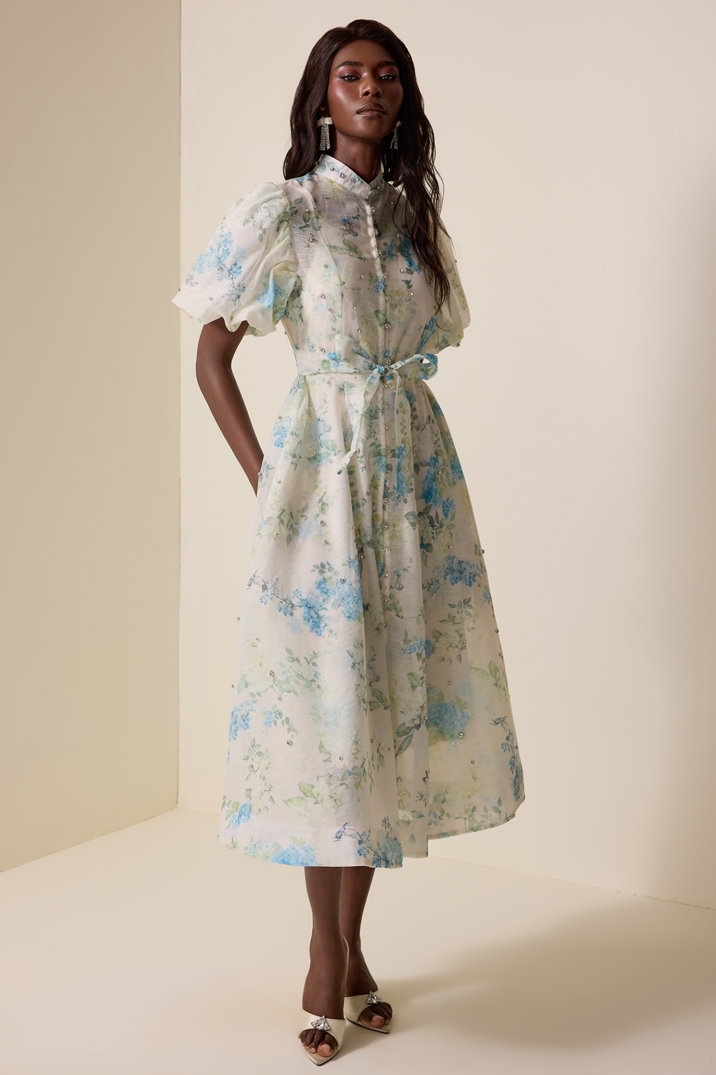 Jocelyn Floral Puff Sleeve Lace-Up Midi Dress