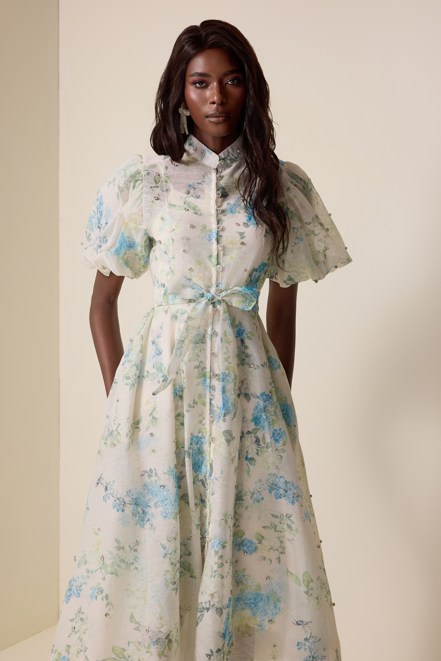 Jocelyn Floral Puff Sleeve Lace-Up Midi Dress