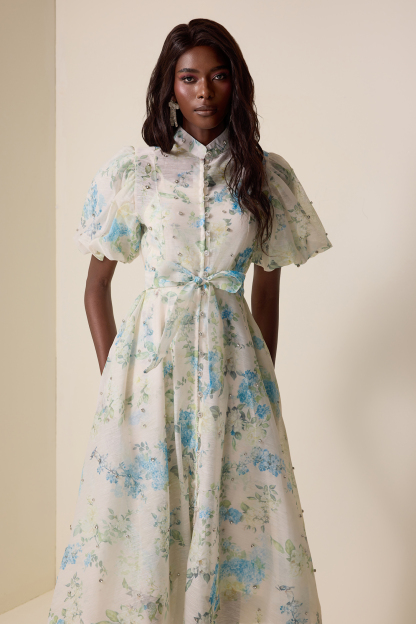 Jocelyn Floral Puff Sleeve Lace-Up Midi Dress