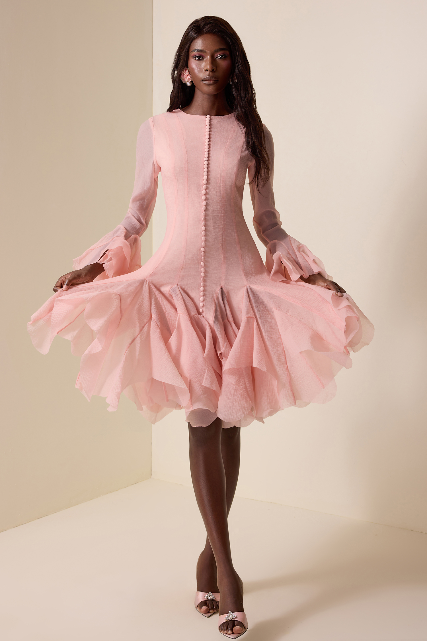 Silvia Solid Ruffle Bell Sleeve Midi Dress