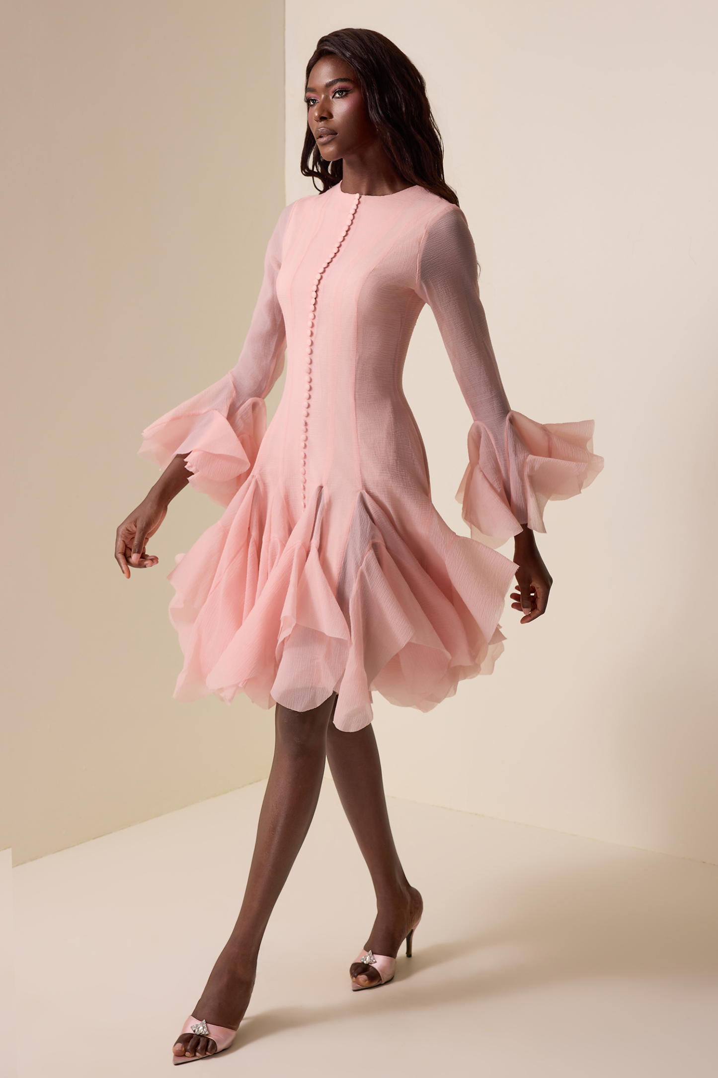 Silvia Solid Ruffle Bell Sleeve Midi Dress