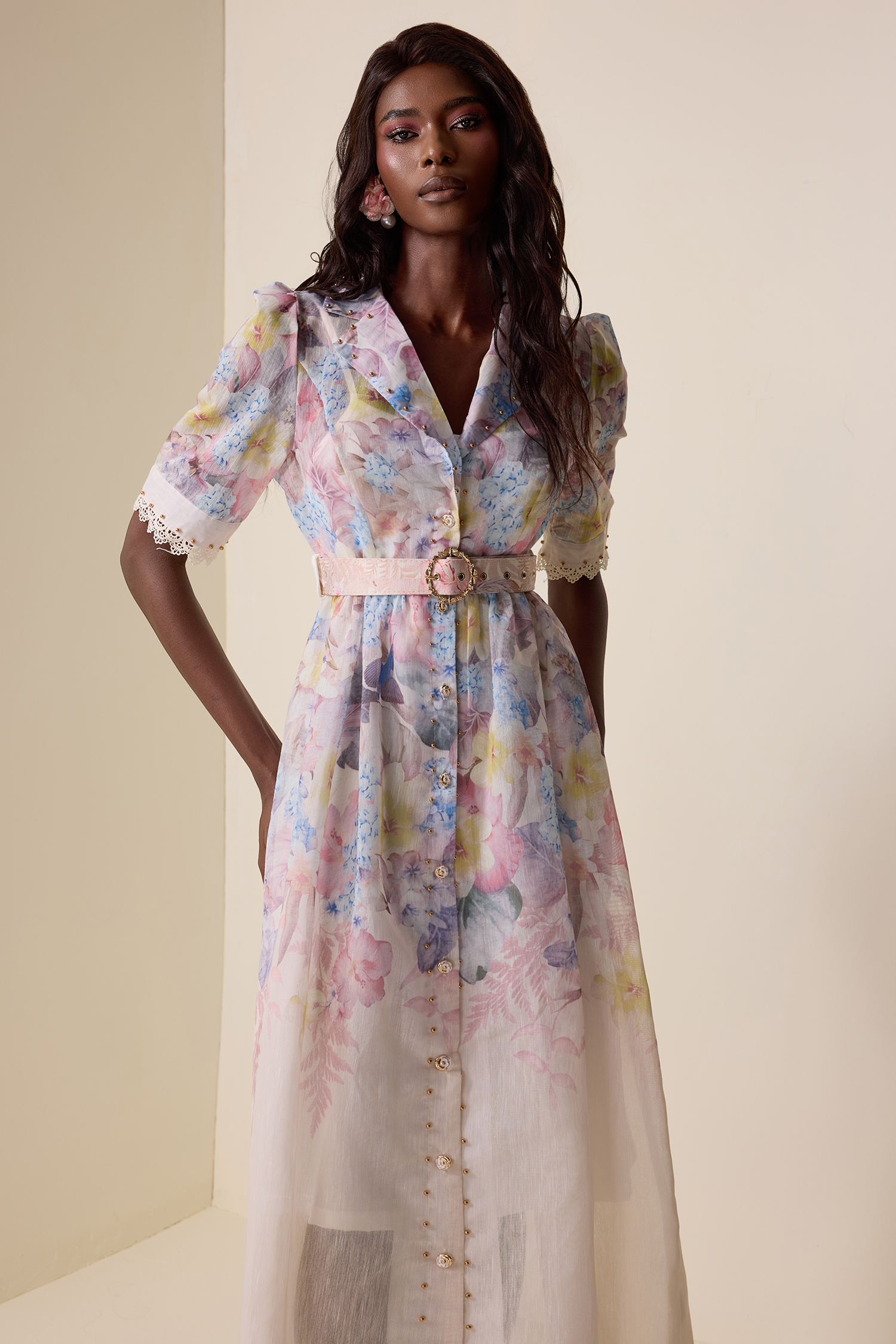 Kenzie Floral Lace Metal Button Midi Dress