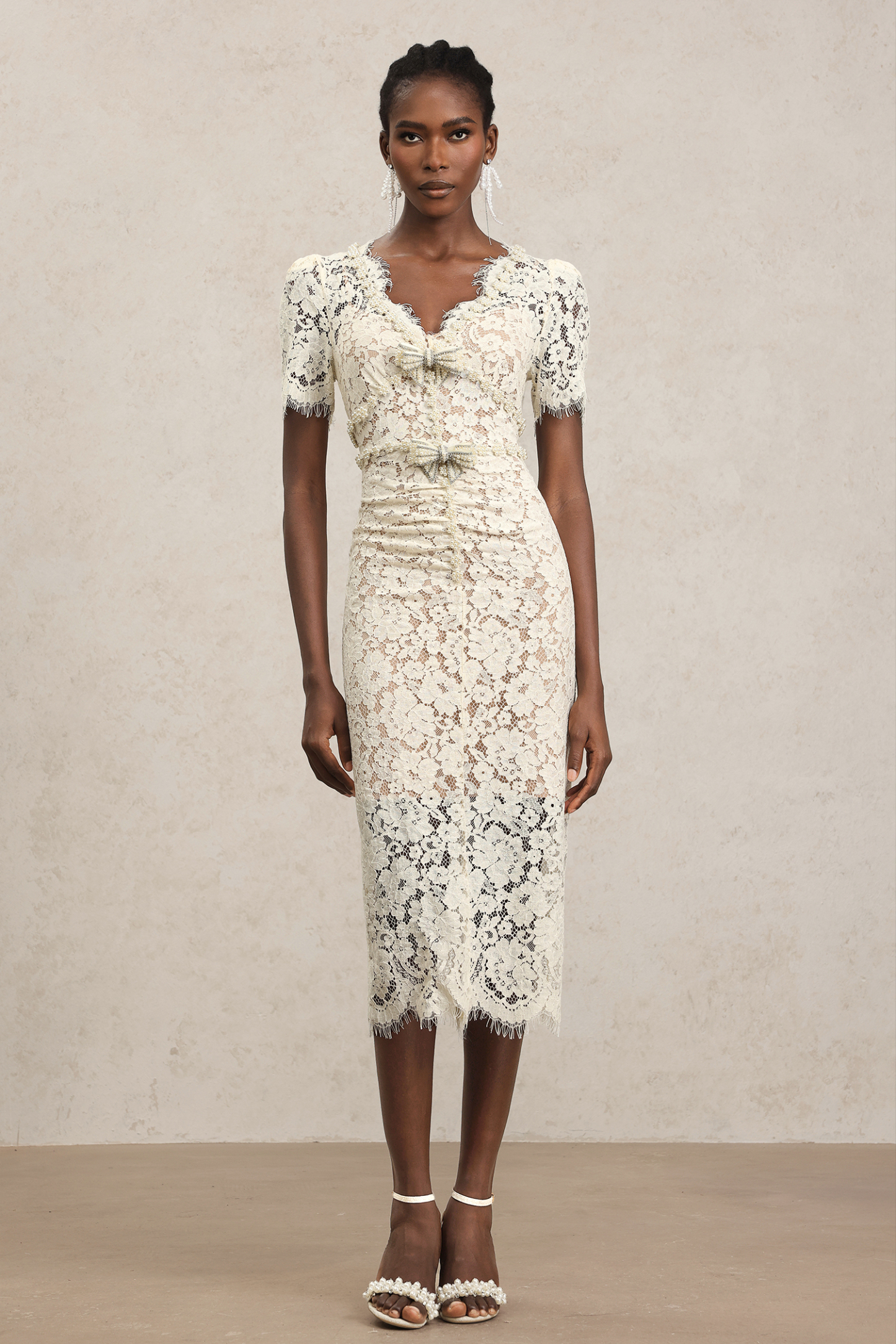 Kesha V-Neck Short Sleeves Bowknot Lace Midi Dress