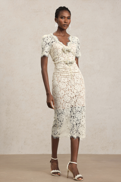 Kesha V-Neck Short Sleeves Bowknot Lace Midi Dress