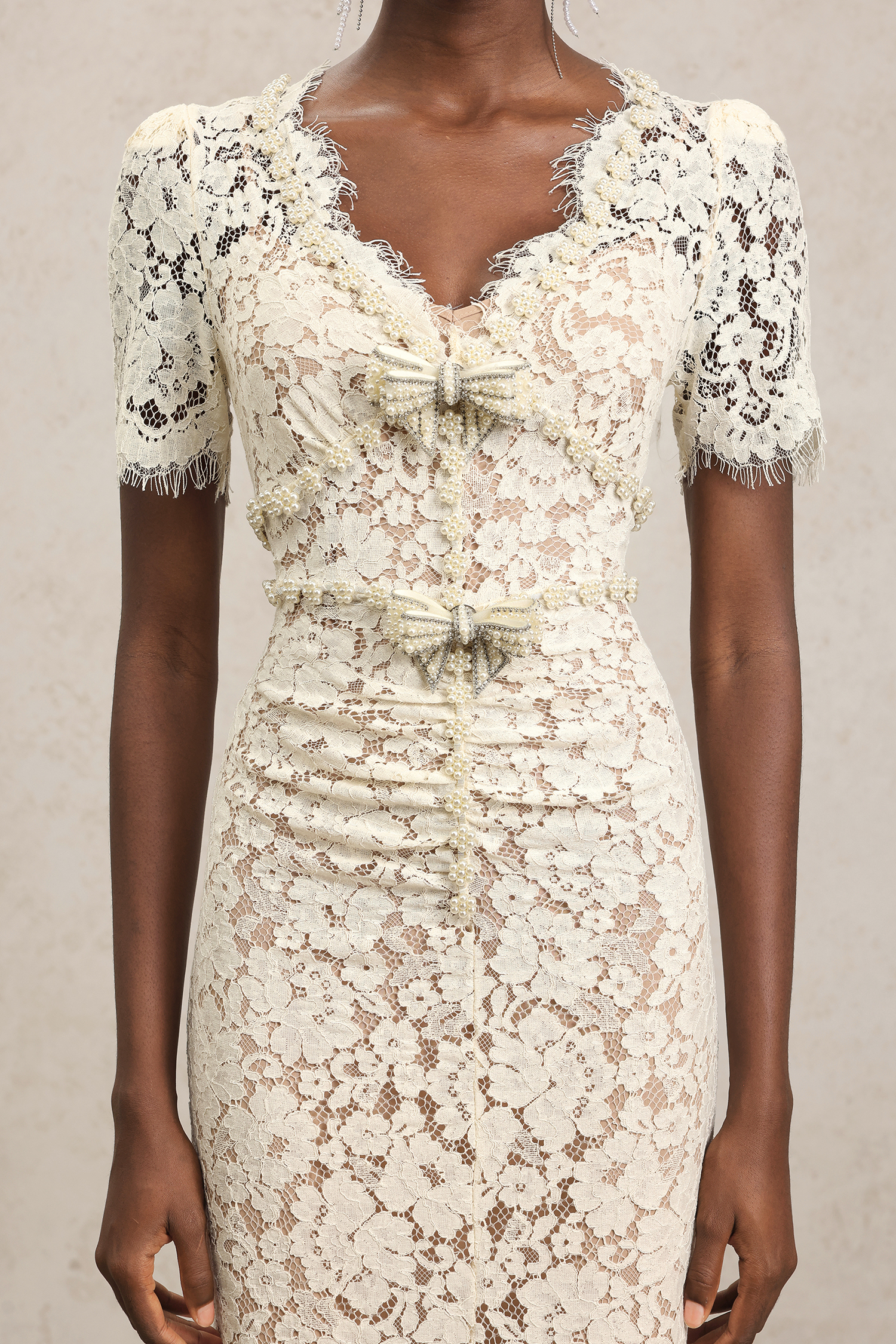Kesha V-Neck Short Sleeves Bowknot Lace Midi Dress