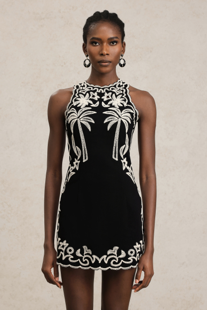 Kailey Sleeveles Round Neck Embroidery Mini Dress