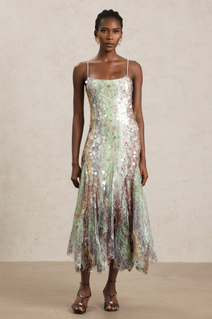 Priscilla Halter Printed Sequin Maxi Dress