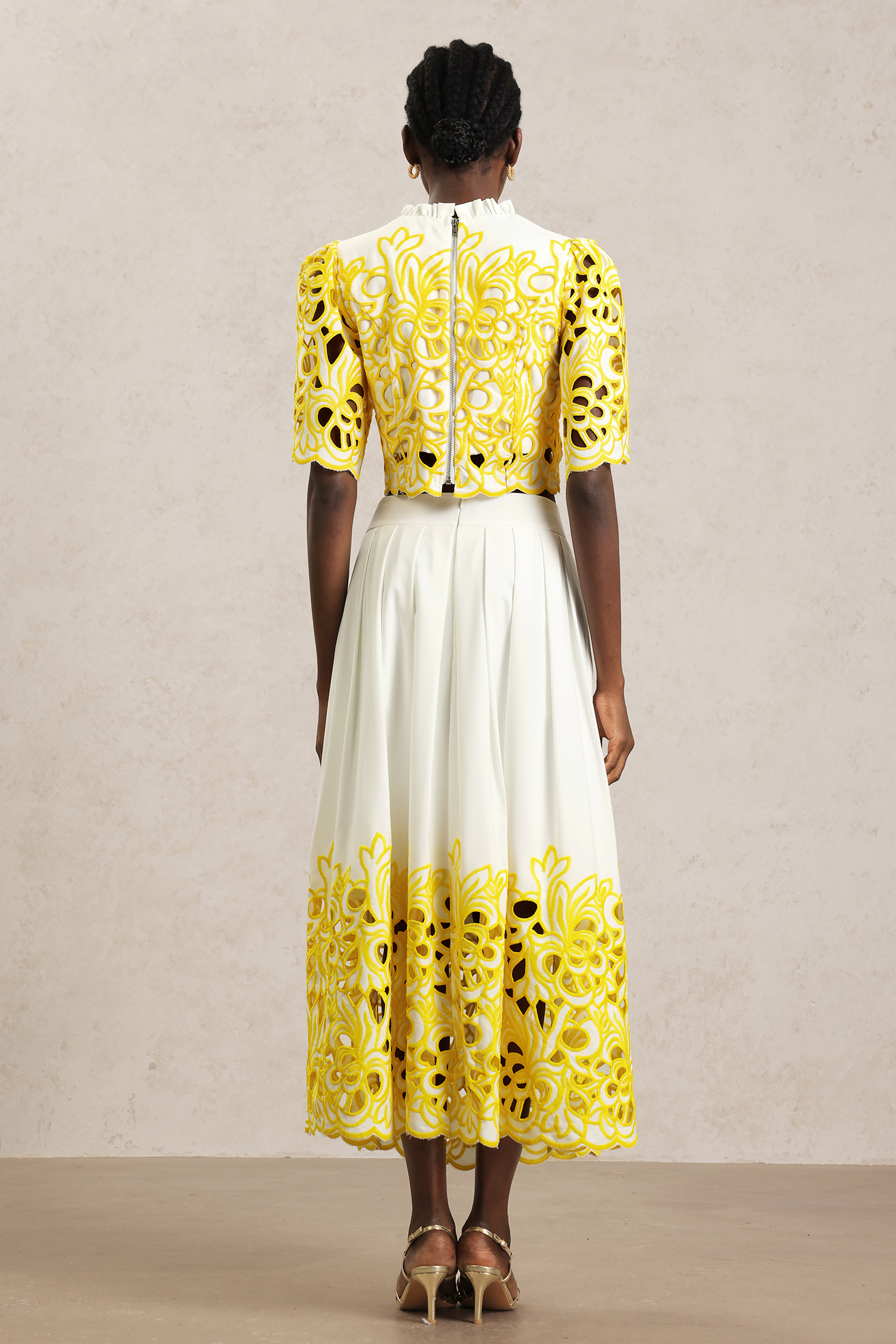 Kaylen Round Neck Elbow Sleeve Hollow Out Top And Skirt Two-Piece Set