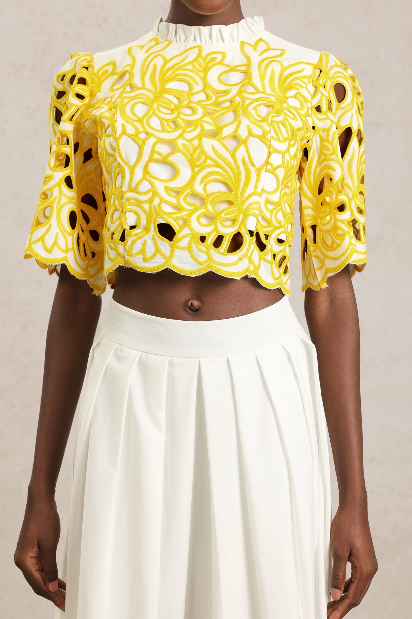 Kaylen Round Neck Elbow Sleeve Hollow Out Top And Skirt Two-Piece Set