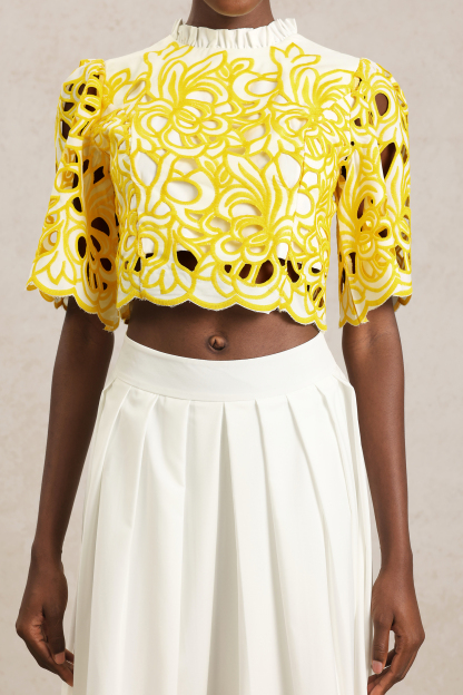 Kaylen Round Neck Elbow Sleeve Hollow Out Top And Skirt Two-Piece Set