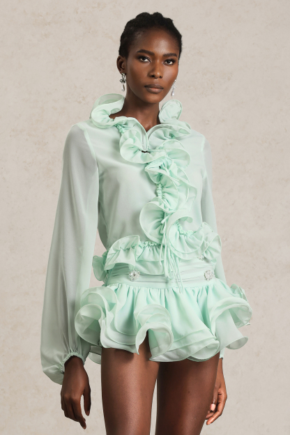 Eunice Long Sleeves Folds Diamond Top And Skirt Two-Piece Set