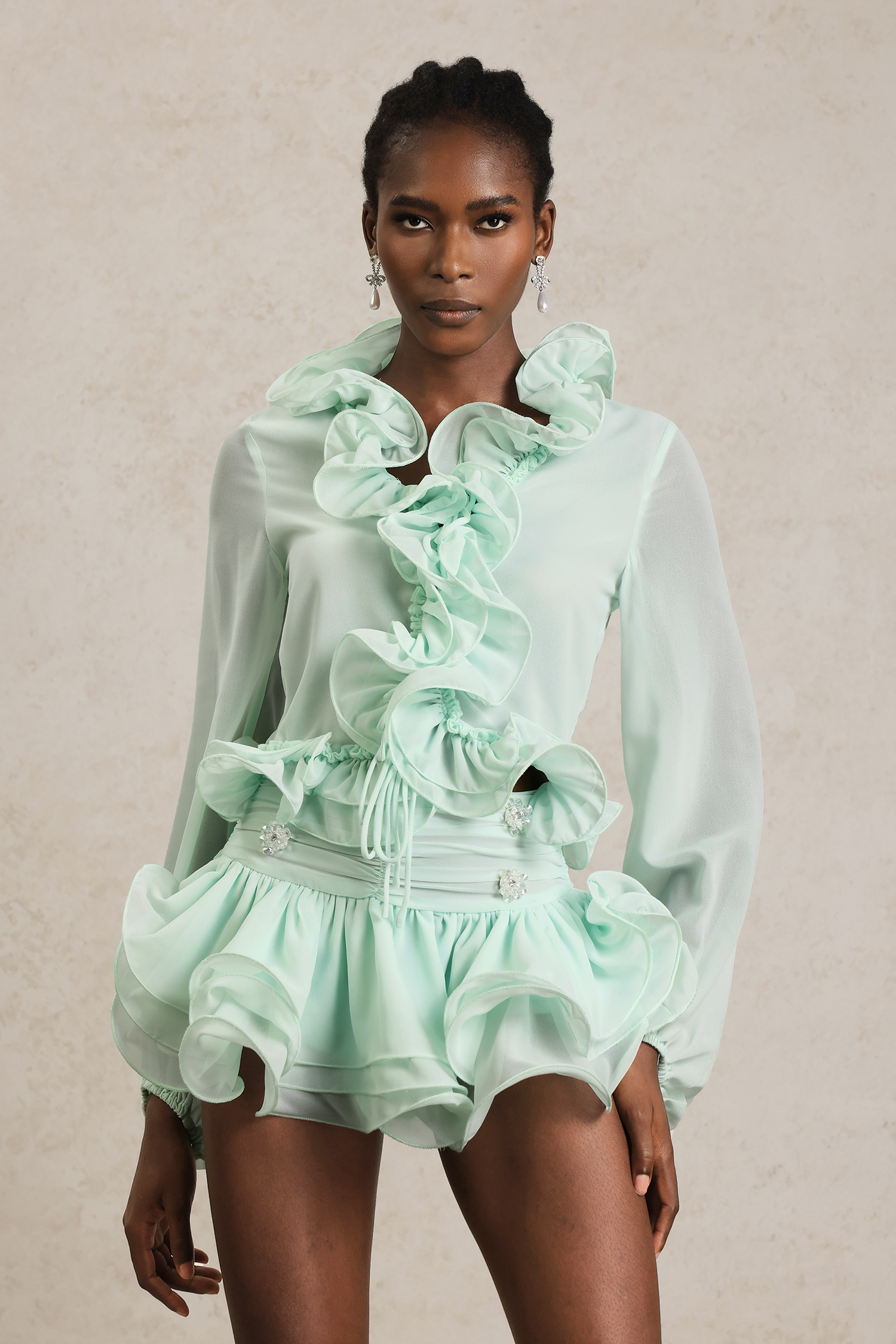 Eunice Long Sleeves Folds Diamond Top And Skirt Two-Piece Set