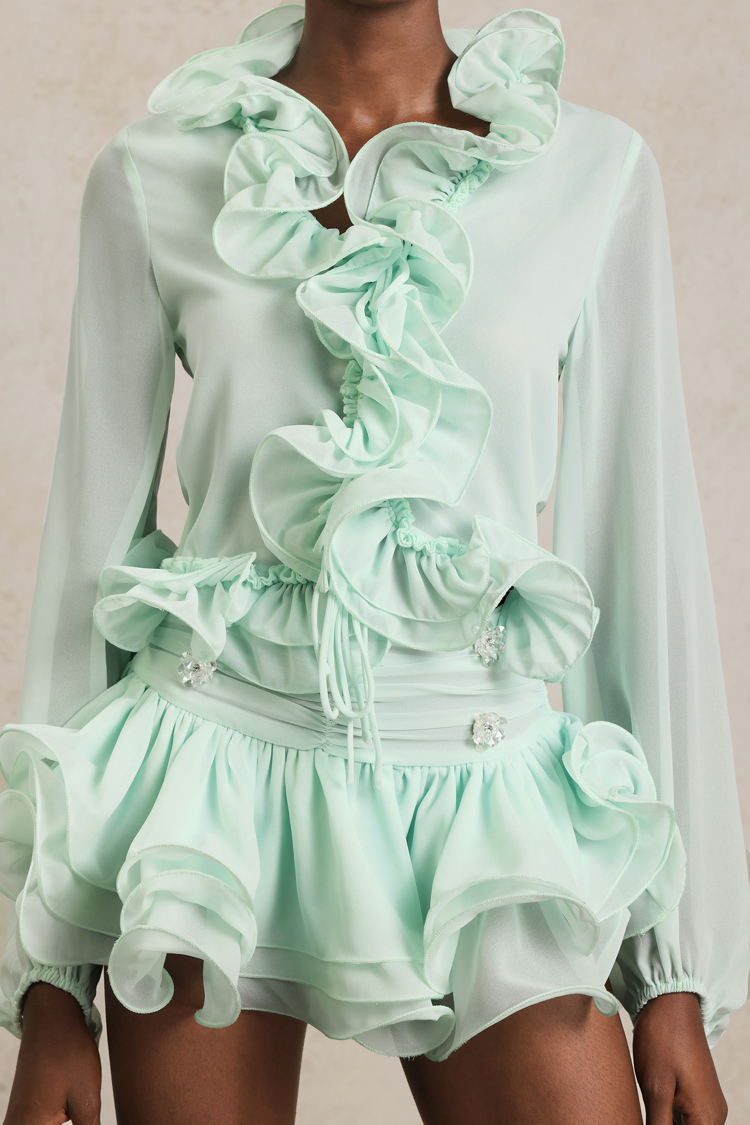 Eunice Long Sleeves Folds Diamond Top And Skirt Two-Piece Set