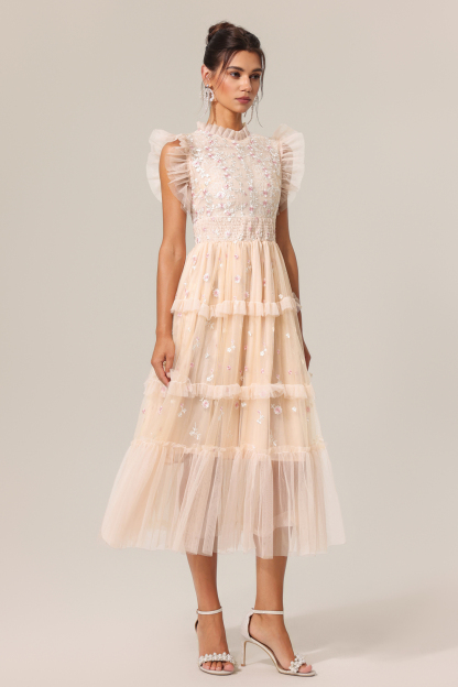 Deidra Round Neck Folds Sleeveless Midi Dress