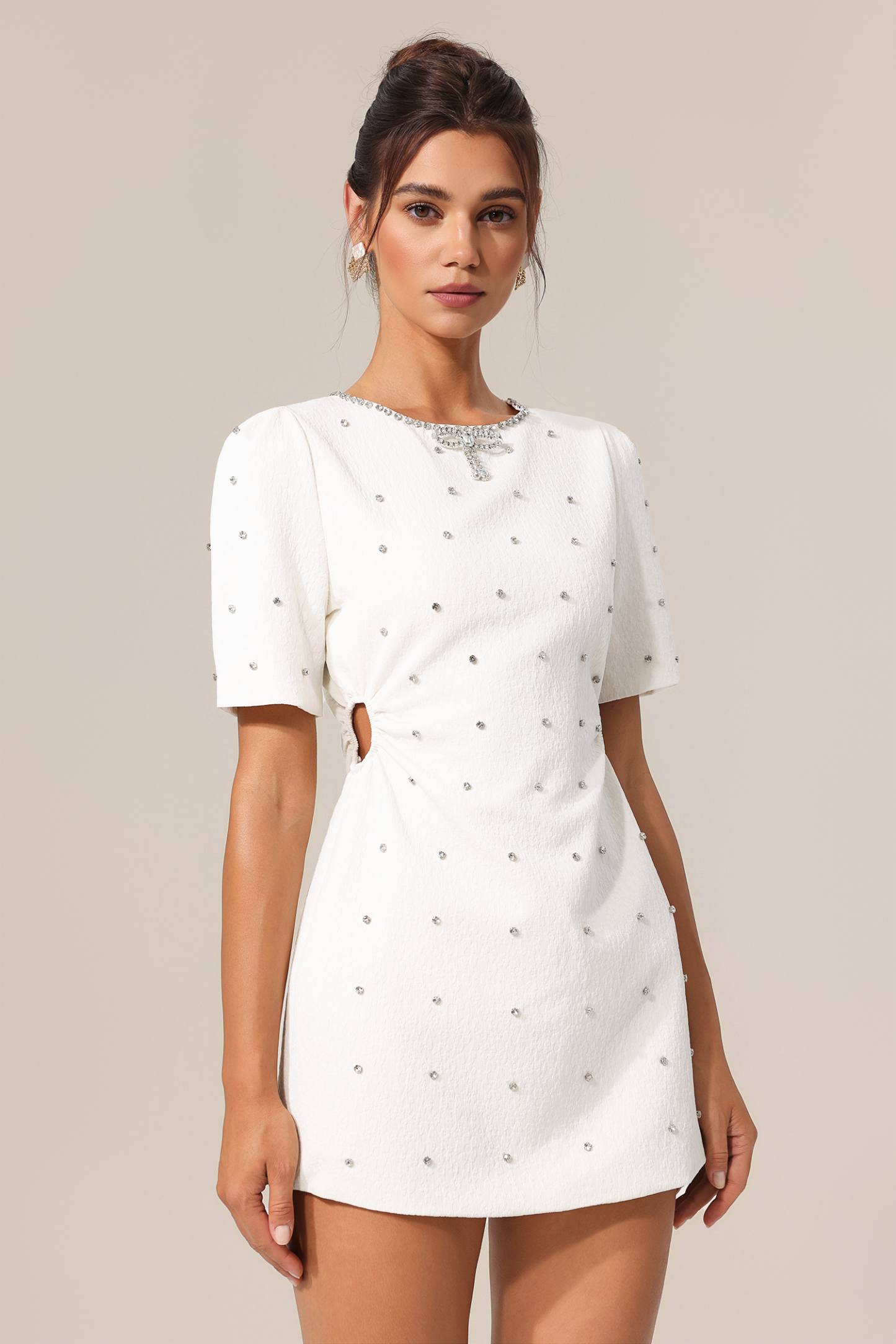 Gigi Round Neck Short Sleeves Diamond Bowknot Hollow Out Mini Dress