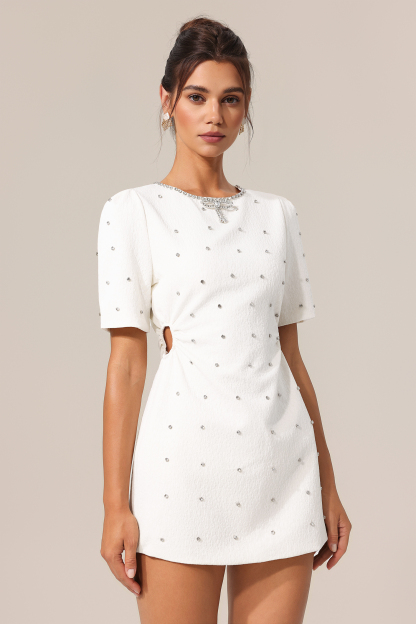 Gigi Round Neck Short Sleeves Diamond Bowknot Hollow Out Mini Dress