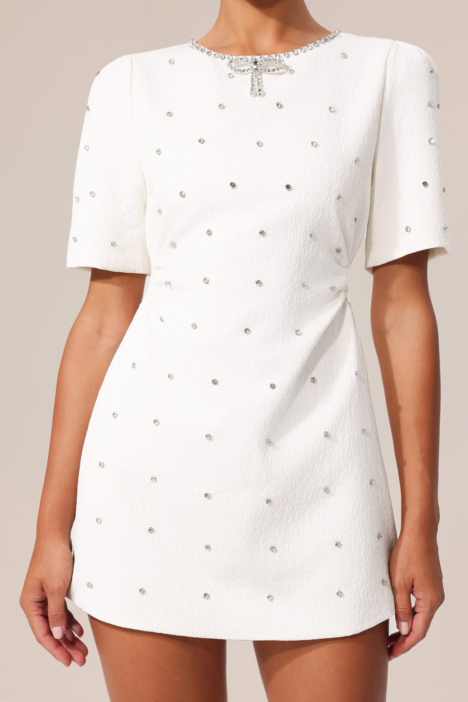 Gigi Round Neck Short Sleeves Diamond Bowknot Hollow Out Mini Dress