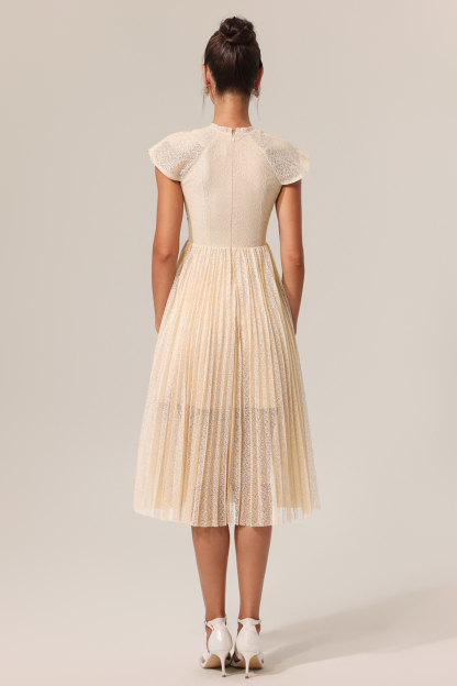 Luz Round Neck Sleeveless Embroidery Butterfly Flowers Lace Folds Midi Dress