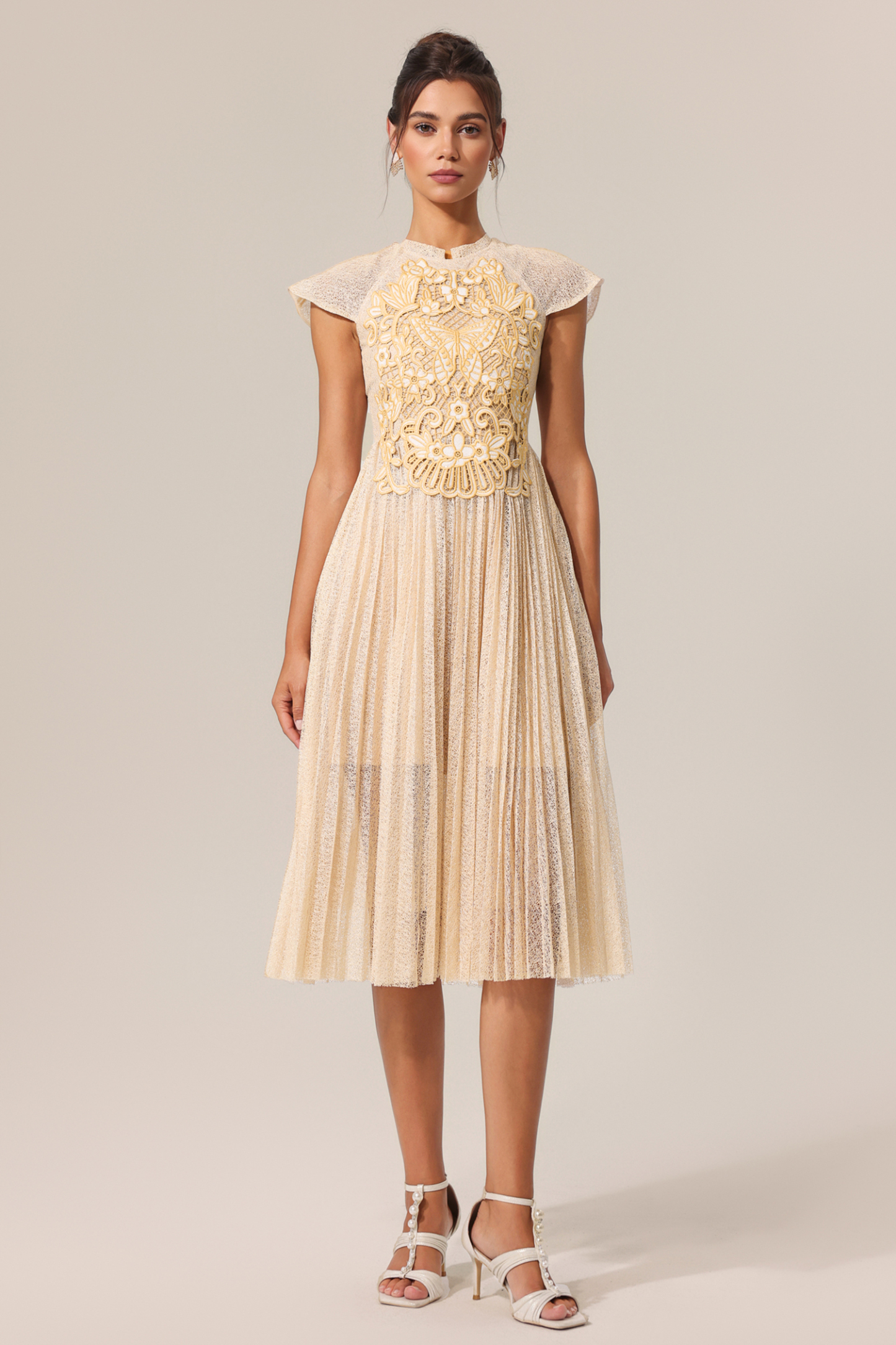 Luz Round Neck Sleeveless Embroidery Butterfly Flowers Lace Folds Midi Dress