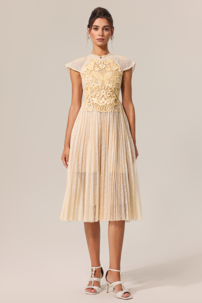 Luz Round Neck Sleeveless Embroidery Butterfly Flowers Lace Folds Midi Dress