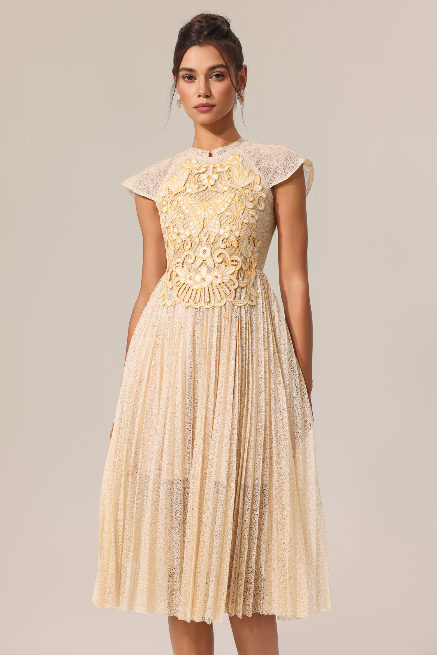 Luz Round Neck Sleeveless Embroidery Butterfly Flowers Lace Folds Midi Dress