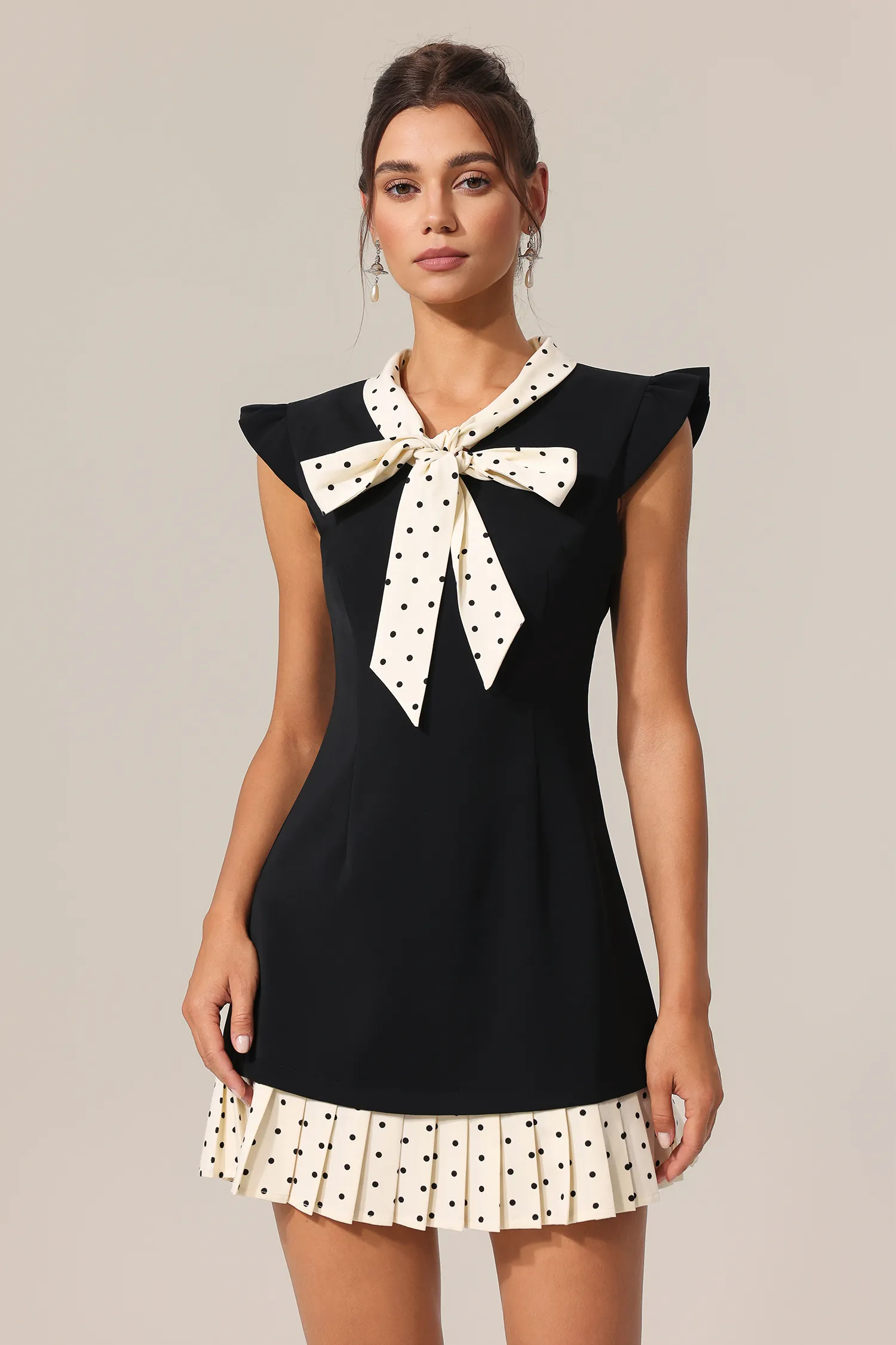 Dara V-Neck Sleeveless Bowknot Dot Printed Folds Mini Dress