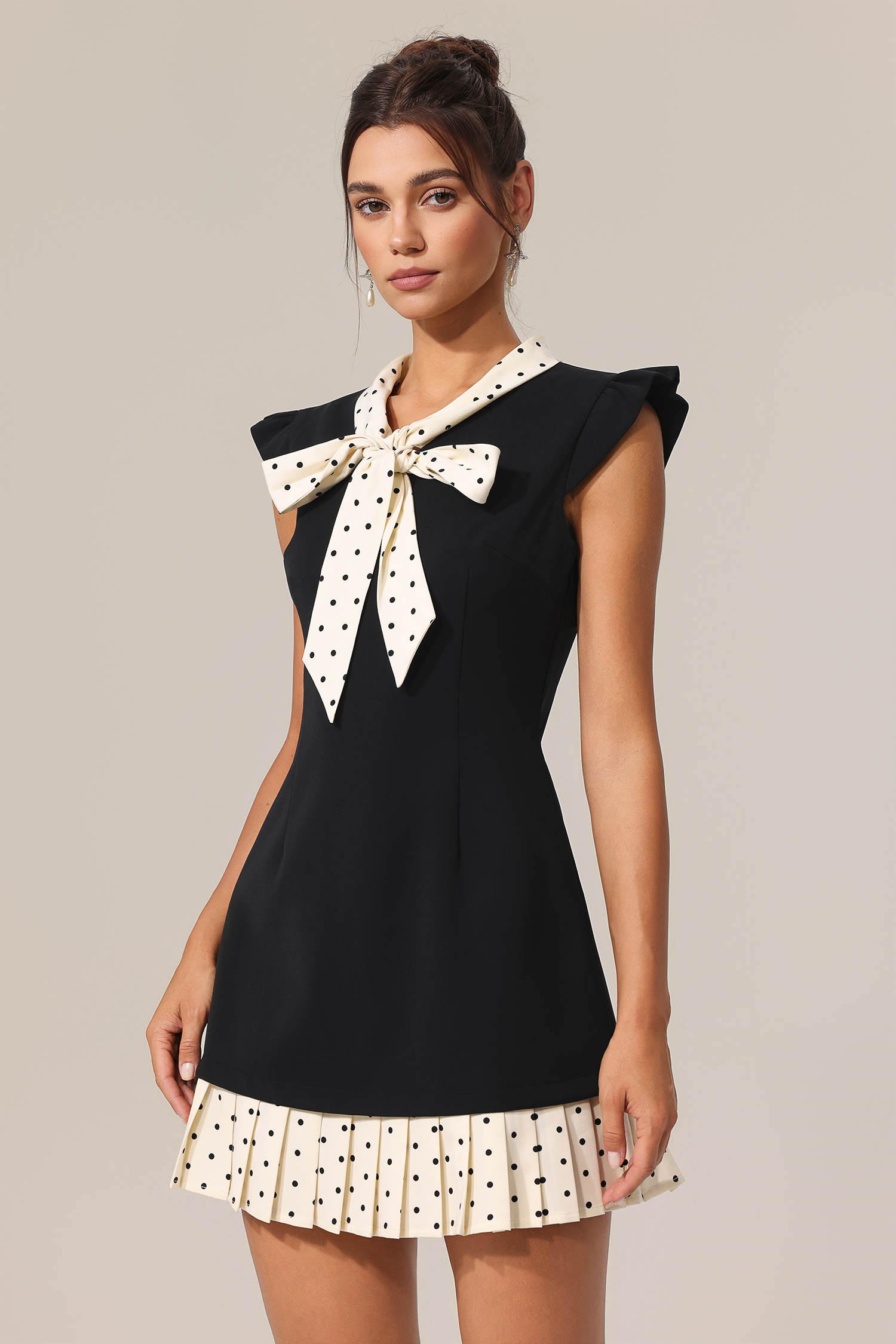 Dara V-Neck Sleeveless Bowknot Dot Printed Folds Mini Dress
