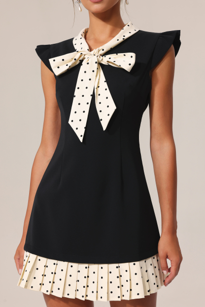 Dara V-Neck Sleeveless Bowknot Dot Printed Folds Mini Dress