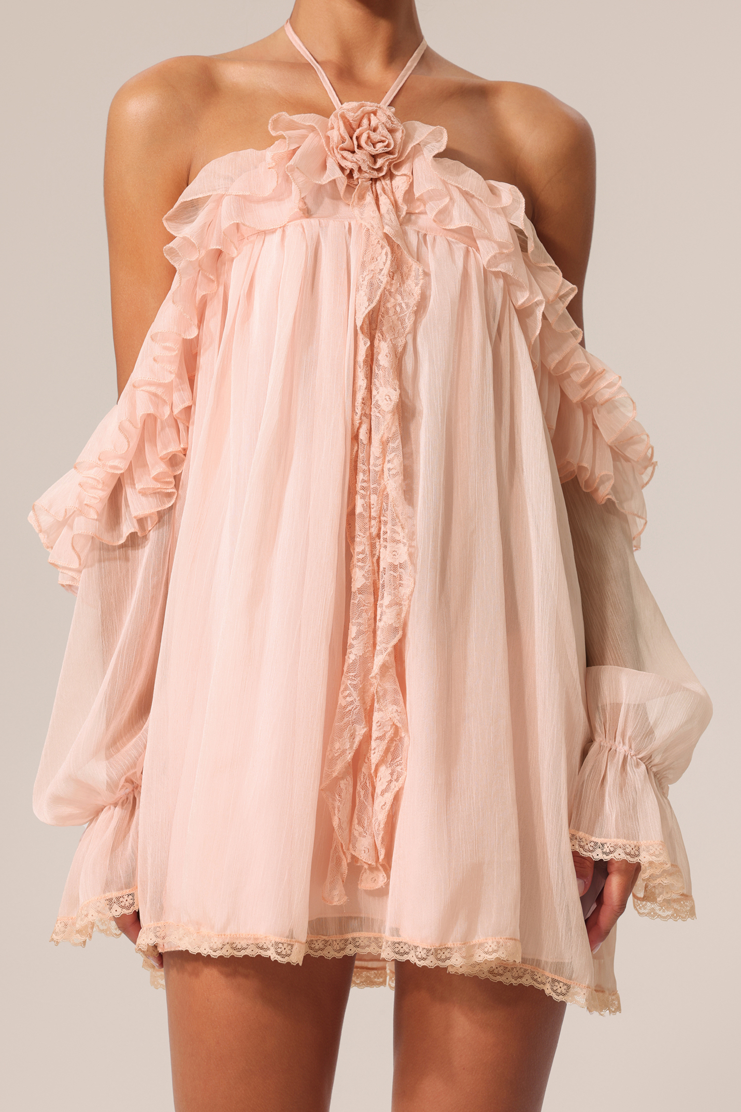 Josephine Long Sleeves Flowers Folds Mini Dress