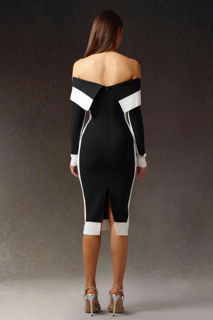 Melinda Off-The-Shoulder Long Sleeves Stripes Bandage Midi Dress