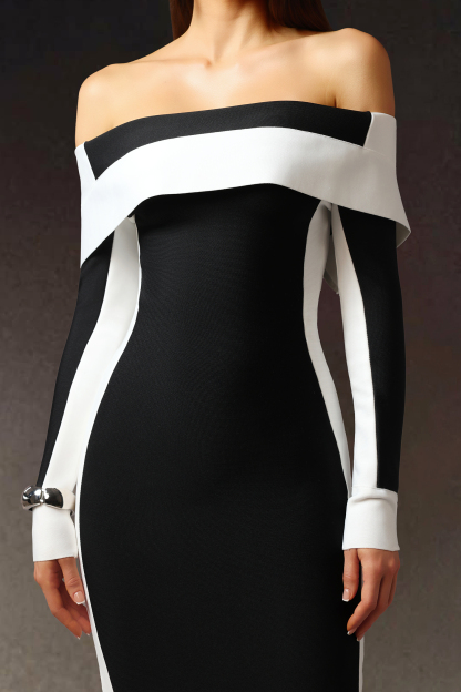 Melinda Off-The-Shoulder Long Sleeves Stripes Bandage Midi Dress