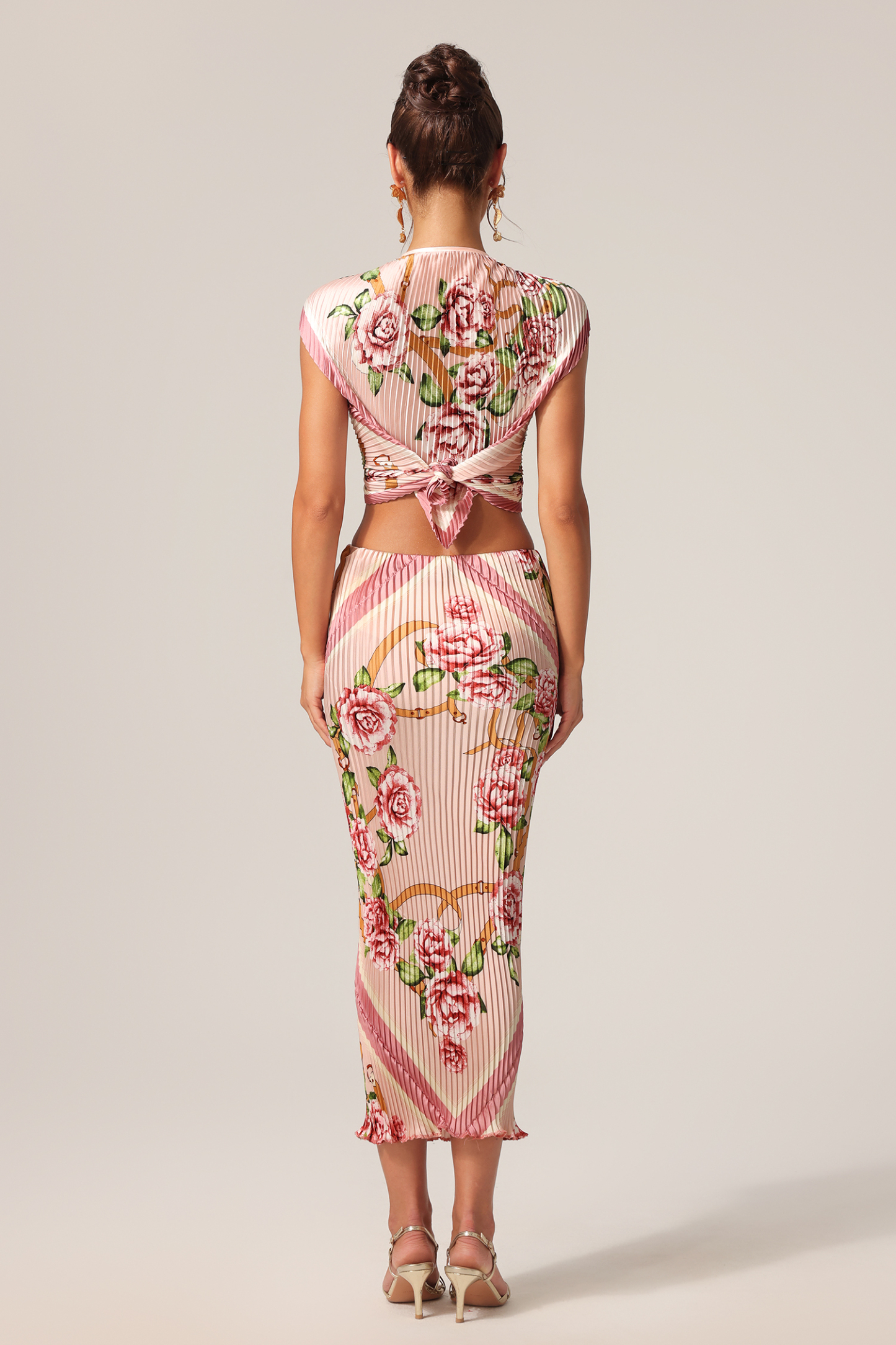 Lucinda Floral Printed Sleeveless Folds Bowknot Top And Skirt Two-Piece Set