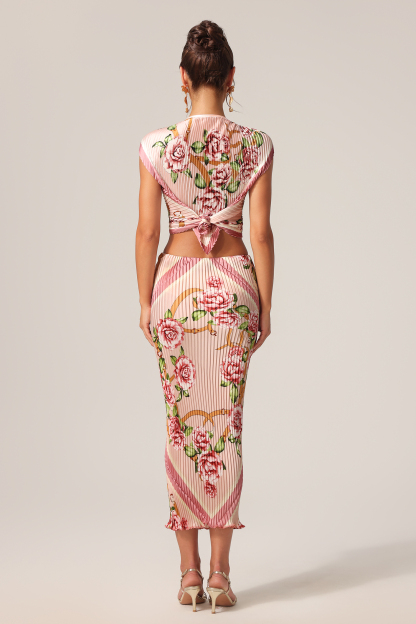 Lucinda Floral Printed Sleeveless Folds Bowknot Top And Skirt Two-Piece Set